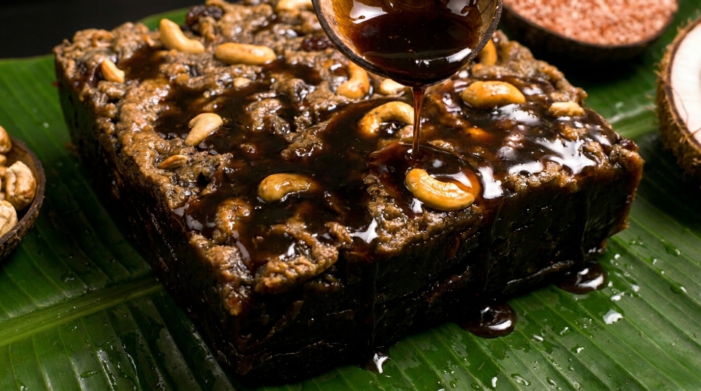 A thick block of dark, glossy Kaludodol studded with cashews, with kithul treacle being drizzled over it on a fresh banana leaf