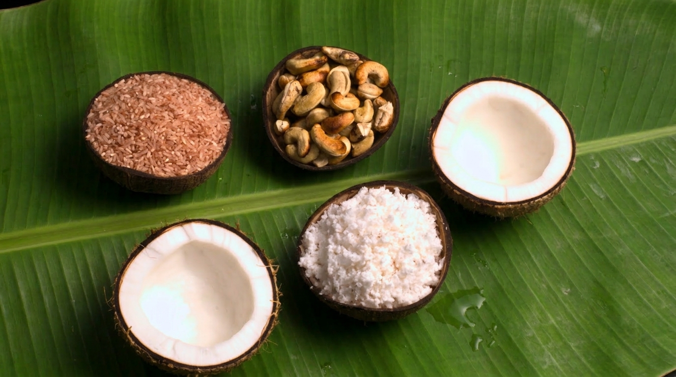 The raw ingredients of Kaludodol laid out in coconut-shell bowls on a banana leaf: red rice, roasted cashews, fresh coconut halves and grated coconut